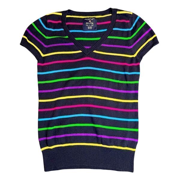 US Polo Assn Navy Neon Stripe V-neck Short-Slv  Sweater Sz L - Picture 1 of 9